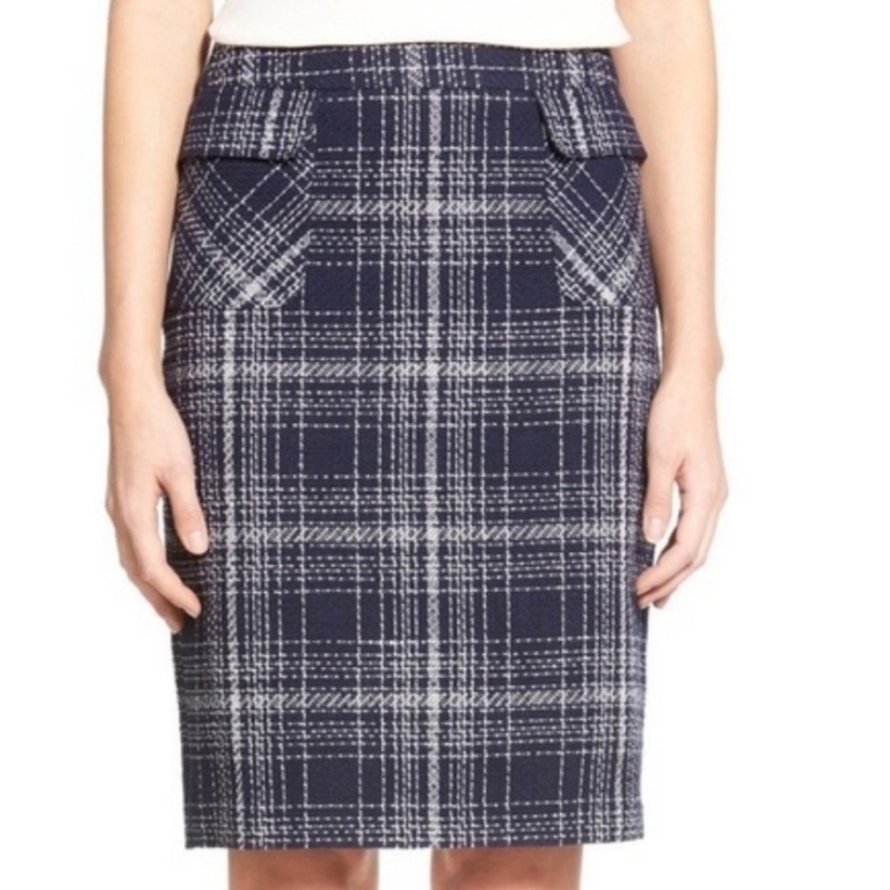 Halogen Woven Jacquard Kick Slit Mini Pencil Skirt Size 12P Navy & White